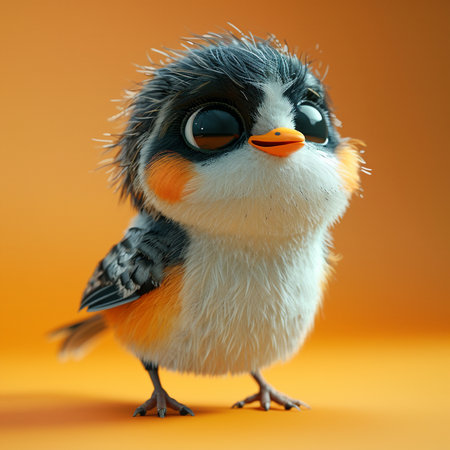 Cute little chick isolated on orange background. Funny baby chick.の素材