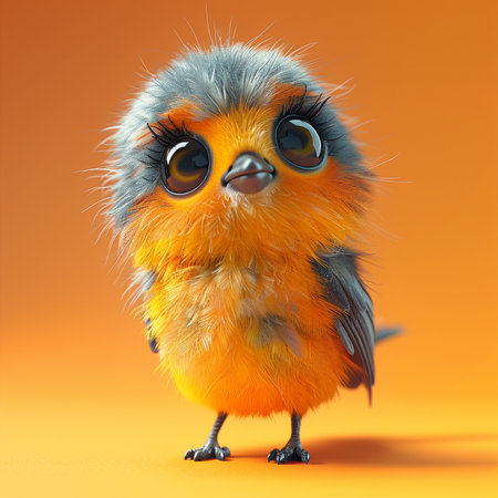 Funny little bird with big eyes on orange background. 3d illustrationの素材