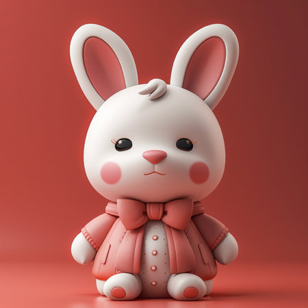 Cute white rabbit on a red background. 3d rendering.の素材