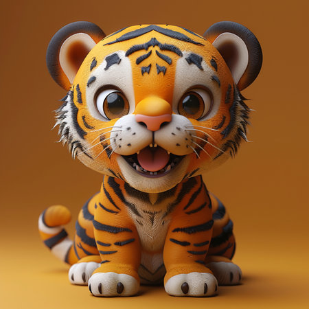 3D Illustration of a Cute Tiger on a Orange Backgroundの素材