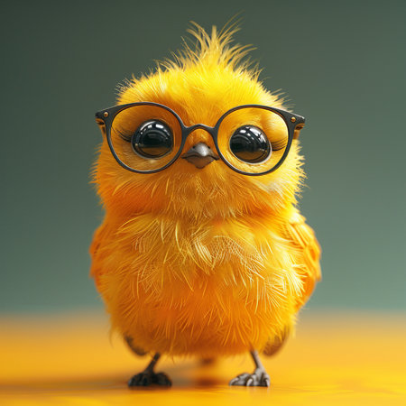 Cute little yellow bird with glasses on a colorful background. Studio shot.の素材