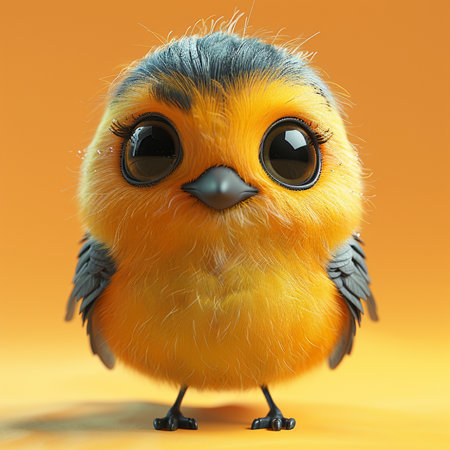 Cute little yellow bird with blue eyes. 3d illustration.の素材