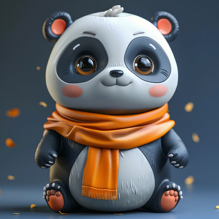 Cute cartoon panda with orange scarf. 3D illustration.の素材