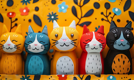 Cute cat figurines on a yellow background, close-upの素材