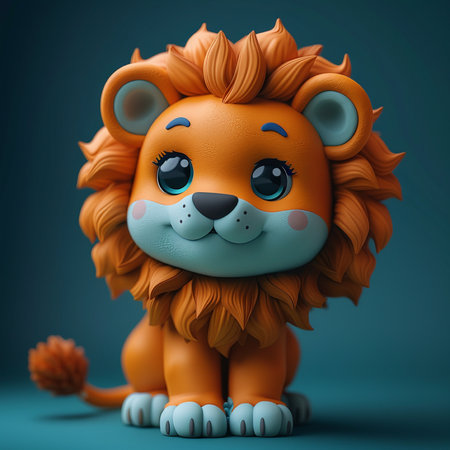 Cute cartoon lion on blue background. 3d render illustration.の素材