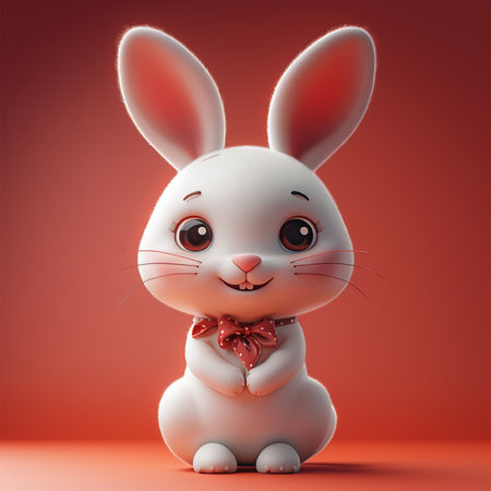 Cute white rabbit on a red background. 3d rendering.の素材