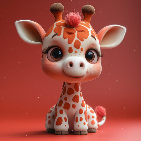 Cute giraffe doll on a red background. 3d renderingの素材