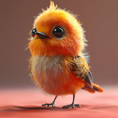 cute little bird with orange feathers on a red background. 3d renderingの素材