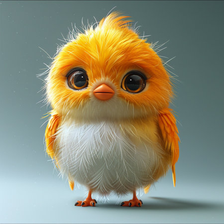 Cute little chicken with big eyes, 3d rendering. Computer digital drawing.の素材
