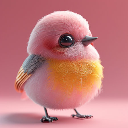 Cute little bird isolated on pink background, 3d illustration.の素材