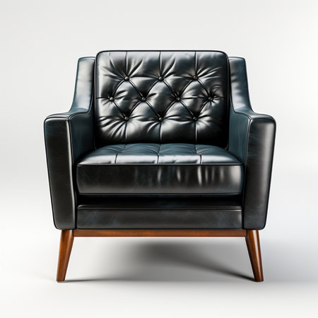 A timeless tufted black leather armchair with tapered wooden legs, presented in a clean studio setting. Modern yet classic design.の素材