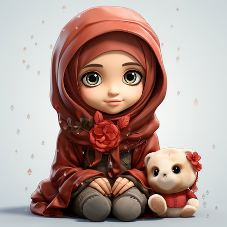 An adorable cartoon illustration of a young Muslim girl wearing a red hijab, seated with a fluffy teddy bear. Gentle, soft aesthetic.の素材