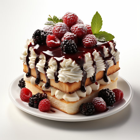 A delicious multi-layered cake adorned with fresh berries, fluffy whipped cream, and rich chocolate sauce, presented on a white plate.の素材