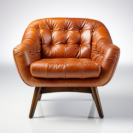 A stylish and comfortable brown tufted leather armchair featuring elegant wooden legs, perfect for any modern living space.の素材