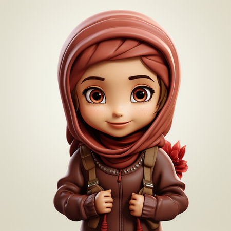 A charming 3D illustration of a young girl in a hijab and backpack, smiling warmly, perfect for educational and lifestyle themes.の素材