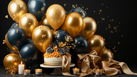 A sophisticated birthday scene featuring a tiered cake, gold and navy balloons, lit candles, and gift boxes with satin bows on a dark background.の素材