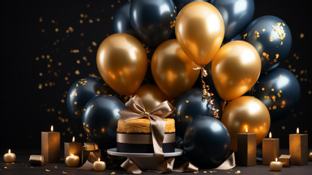 A festive birthday scene featuring gold and black balloons, a decorated cake, candles, and confetti on a dark background.の素材