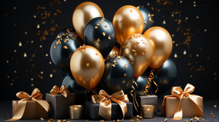 Luxurious arrangement of gold and black balloons, sparkling confetti, and gift boxes, perfect for festive occasions and exclusive events.の素材