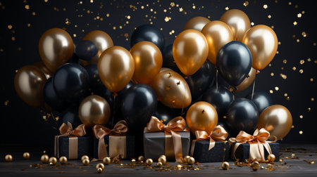 Luxurious arrangement of black and gold balloons, gift boxes with ribbons, and sparkling confetti creating a festive celebratory atmosphere.の素材