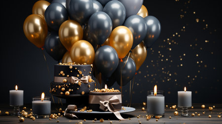 A festive birthday scene featuring a two-tiered cake, golden and grey balloons, and lit candles, all set against a dark, sparkling background.の素材