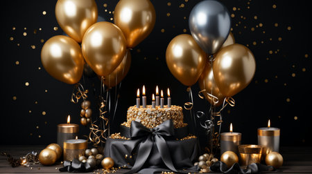 A festive birthday scene featuring a tiered cake with candles, surrounded by gold balloons and confetti, set against a dark background.の素材