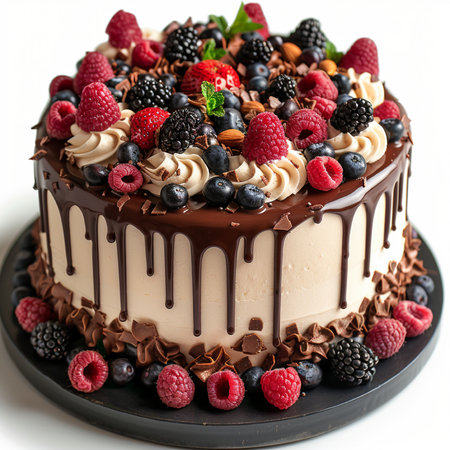 A visually appealing chocolate drip cake adorned with an abundance of fresh raspberries, blueberries, and blackberries, perfect for celebrations and dessert lovers.の素材