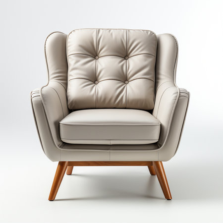A luxurious beige tufted armchair with elegant natural wood legs, perfect for adding comfort and style to any modern living space.の素材