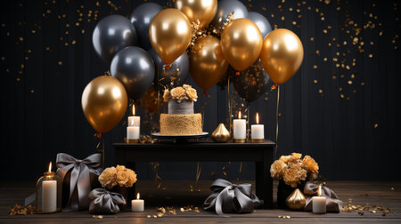 A festive scene featuring golden balloons, a decorated cake, lit candles, and wrapped gifts, creating a luxurious birthday atmosphere.の素材