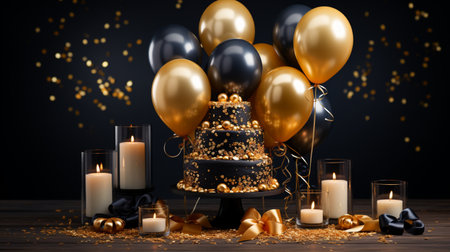 A luxurious three-tiered black cake adorned with gold sprinkles and spheres, surrounded by gold and black balloons and lit candles, perfect for festive occasions.の素材
