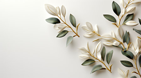 Delicate branches adorned with a mix of white and green leaves, set against a clean white backdrop, creating a sophisticated and natural aesthetic.の素材