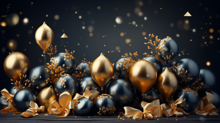 A luxurious arrangement of gold and dark blue balloons adorned with gold ribbons and floral accents, set against a dark, bokeh-filled background.の素材