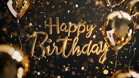Luxurious gold 'Happy Birthday' lettering with sparkling confetti and festive balloons, perfect for a celebratory occasion.の素材