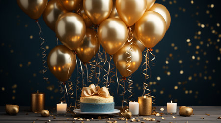 A festive arrangement of golden balloons, a decorated cake, and glowing candles on a dark background with bokeh lights, perfect for special occasions.の素材