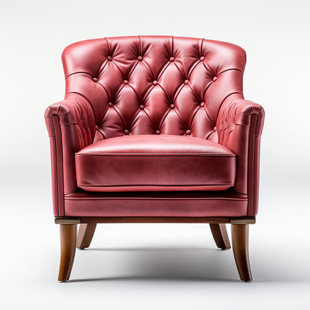 A close-up studio shot of a luxurious red leather tufted armchair featuring classic button tufting and elegant wooden legs, presented on a clean white backdrop.の素材