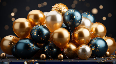 A pile of elegant gold and teal balloons adorned with confetti, set against a dark, bokeh background, perfect for celebrations.の素材