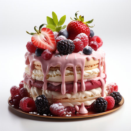 A beautifully decorated multi-layered macaron cake adorned with fresh berries, whipped cream, and a sweet pink glaze, perfect for celebratory occasions.の素材