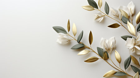 Delicate white blossoms paired with shimmering gold and deep green leaves create a luxurious botanical arrangement on a clean, bright surface.の素材