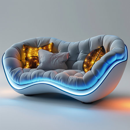 Modern, avant-garde sofa featuring a unique curved design, illuminated by vibrant blue and orange LED lights, complemented by celestial-themed cushions.の素材