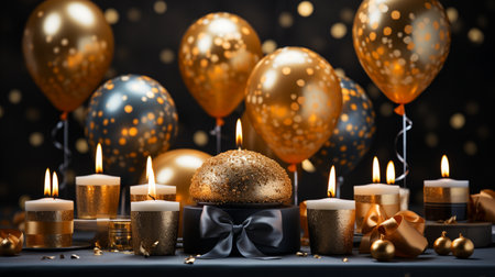 A festive scene with golden and black balloons, lit candles, and decorative elements, perfect for celebrating milestones and special occasions.の素材