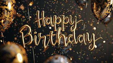 Festive golden 'Happy Birthday' balloons float amidst sparkling confetti, creating a luxurious and celebratory atmosphere on a dark backdrop.の素材