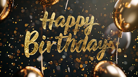 Elegant golden glitter text "Happy Birthday" surrounded by shiny balloons and sparkling confetti on a dark, bokeh-filled background. Festive celebration.の素材