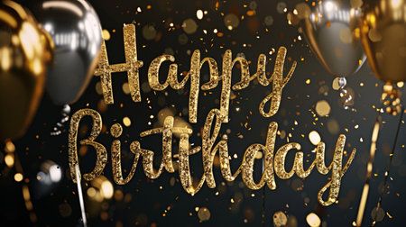 Shiny golden letters spelling Happy Birthday, surrounded by balloons and confetti, on a dark, festive background.の素材