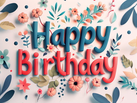A cheerful birthday greeting card featuring 3D 'Happy Birthday' text surrounded by decorative elements like flowers and leaves.の素材