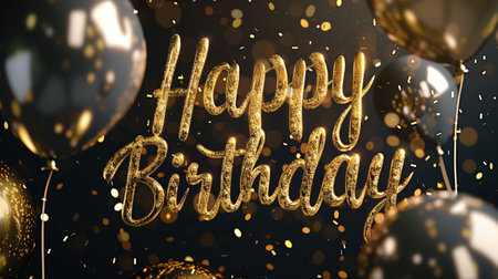 Luxurious happy birthday celebration background with golden glitter text, black balloons and shimmering confetti. Perfect for festive occasions.の素材