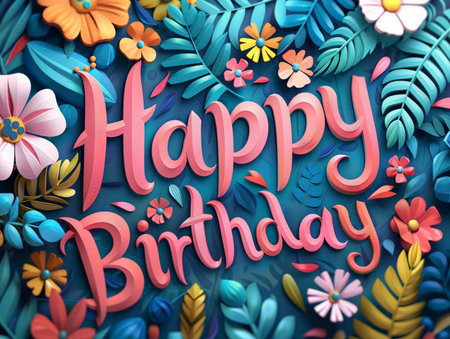Vibrant 'Happy Birthday' typography in a captivating paper-cut style, surrounded by a lush arrangement of colorful floral and botanical elements on a deep blue background. Perfect for celebrations.の素材