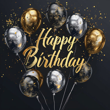 Elegant Happy Birthday graphic with golden and black balloons and confetti on a dark background for celebratory events.の素材