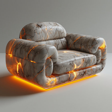 A sophisticated armchair featuring a unique crackled marble exterior and a dramatic interior glow, blending modern design with artistic flair.の素材