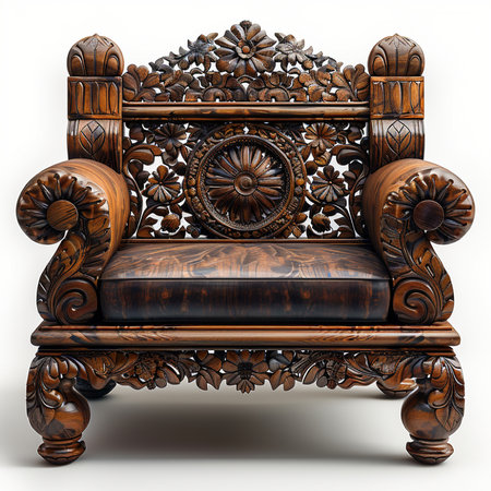 Luxurious vintage armchair featuring elaborate hand-carved floral patterns and a deep, polished wood grain. Elegant, ornate furniture.の素材