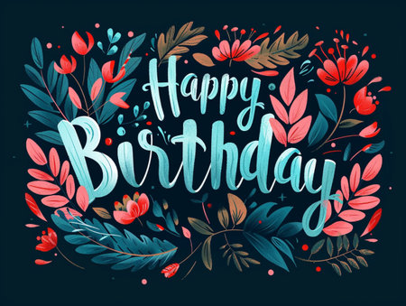 Hand-drawn "Happy Birthday" text art surrounded by colorful flowers and leaves, perfect for greeting cards and invitations.の素材