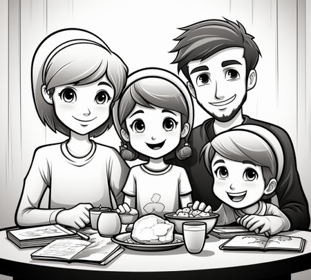 A joyful family, including parents and two children, gathered around a table with food and books, depicted in a delightful line drawing style.の素材